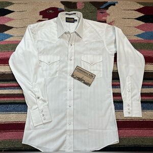 VTG Panhandle Slim Gold Metallic Stripe White Pearl Snap Western Shirt